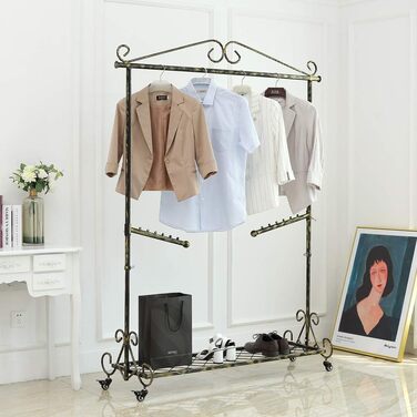Clothes Rack Clothes Rail Coat Rack with Shoe Storage, Width 136cm, Vintage Style Metal Height Adjustable from 126 to 200 cm (Bronze Black with Wheels)