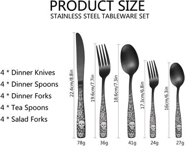Набір столових приборів XIAOYU з дизайном черепа, готичний, з нержавіючої сталі на 4 особи (20 предметів) - для Хеллоуїну