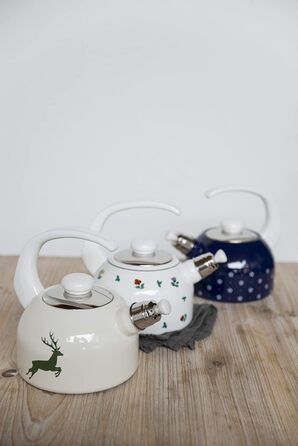 Riess, 0543-073, Whistling Kettle Plus, COUNTRY - DIRNDL, Diameter 18 cm, Height 21.7 cm, Capacity 2 liters, Enamel, Triple-enameled, blue/white, Induction 2 liters Floral Blue