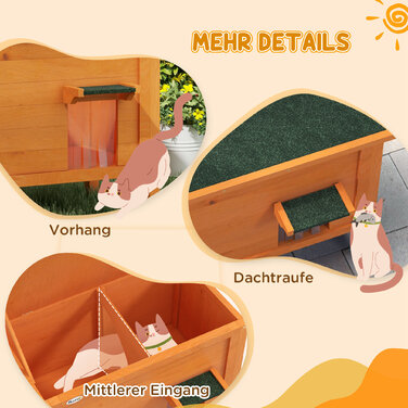 PawHut Wooden Cat House with Door Curtain, Outdoor, Insulated, Elevated Design, for Small Animals, Orange, 60x60x81.5cm | Aosom