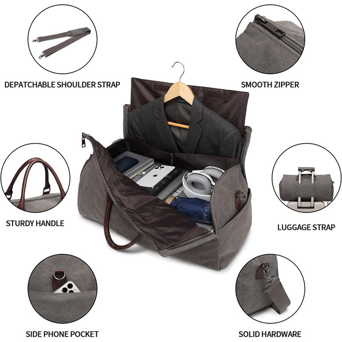 Portable Garment Bag, Men's Suit Bag for Business Travel, Large Leather Travel Bag with Shoe Compartment (Gray Backpack)