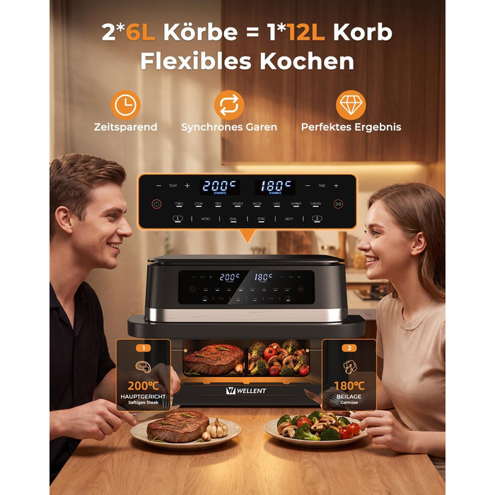 Аерофритюрниця WELLENT 12л з двома камерами (4+7л) 2600 Вт - 10-в-1, сенсорний екран, функція Match&Sync, миття в посудомийній машині