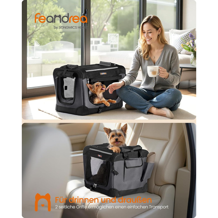 Кія Транспортна переноска для собак Feandrea, 50x35x35 см, чорна, з місткістю для води та корму