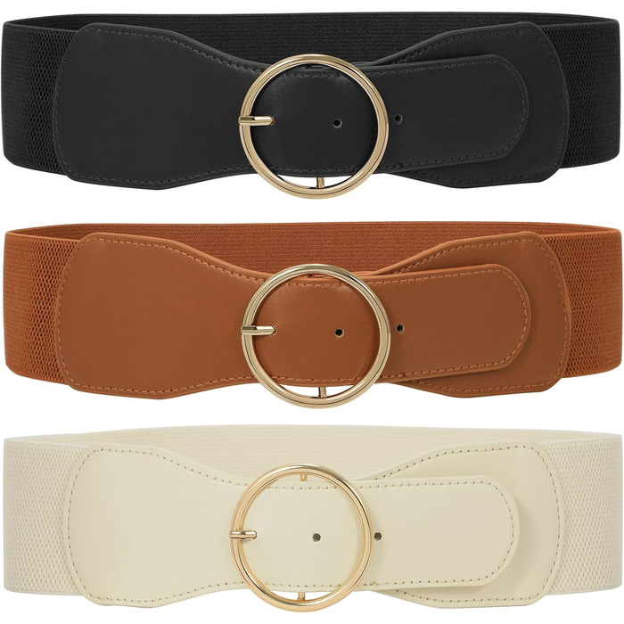 Еластичний пояс для жінок WERFORU 3 шт. Широкий ремінь для сукні, чорний+коричневий+бежевий, розмір M (73-82 см)