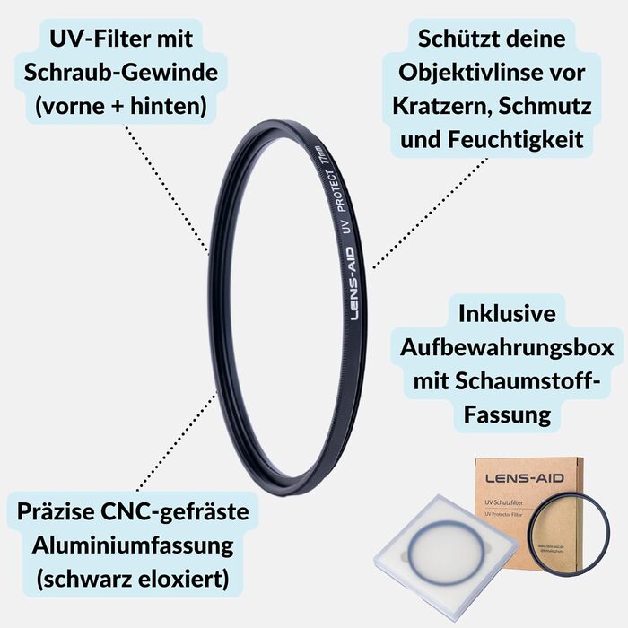Фільтр об'єктива Lens-Aid UV 77mm зі склом Schott B270 - захист від ультрафіолету, 18-шарів покриття проти подряпин, пилу та піску, ефект лотоса (стійкий до олії та води)