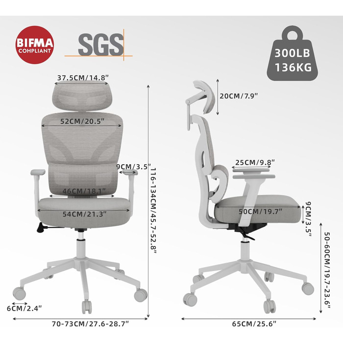 Ергономічне крісло для офісу та геймінгу з регульованою підголівником та 3D підлокітниками, підтримкою попереку, сіре