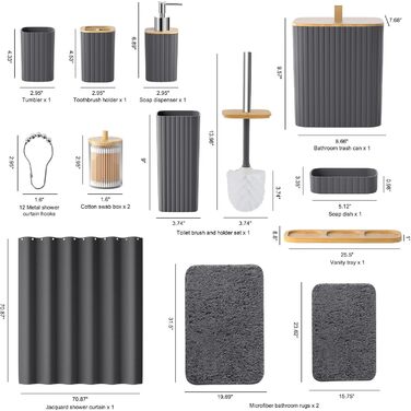 Набір для ванної кімнати Z ZONAMA 24 предмети: душовий завіс, килимок, сміттєвий бак, тримач для унітазу та дозатор для мила. Стильний набір прикрас для ванної кімнати, зелений (повний комплект, сірий)