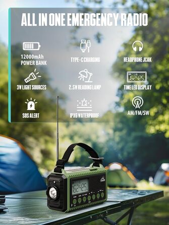 Радіо на батареї 12000mAh | Радіо з ручкою та сонячною панеллю | AM/FM/SW, SOS, USB-C | Водонепроникне IPX4, ліхтарик, для кемпінгу та відпочинку на природі