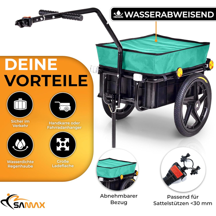 Причіп SAMAX 70 літрів / 60 кг: вантажний причіп для велосипеда з кріпленням, чорний, зелений