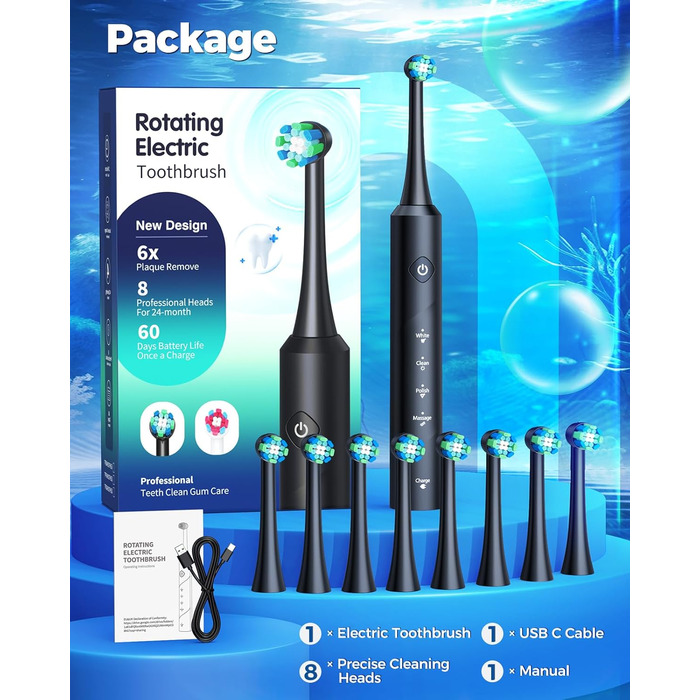 Електрична зубна щітка Rotierende для дорослих з 8 насадками, 4 режимами чищення, акумулятором на 60 днів та Smart-таймером на 2 хвилини - професійна електрична зубна щітка (чорна)