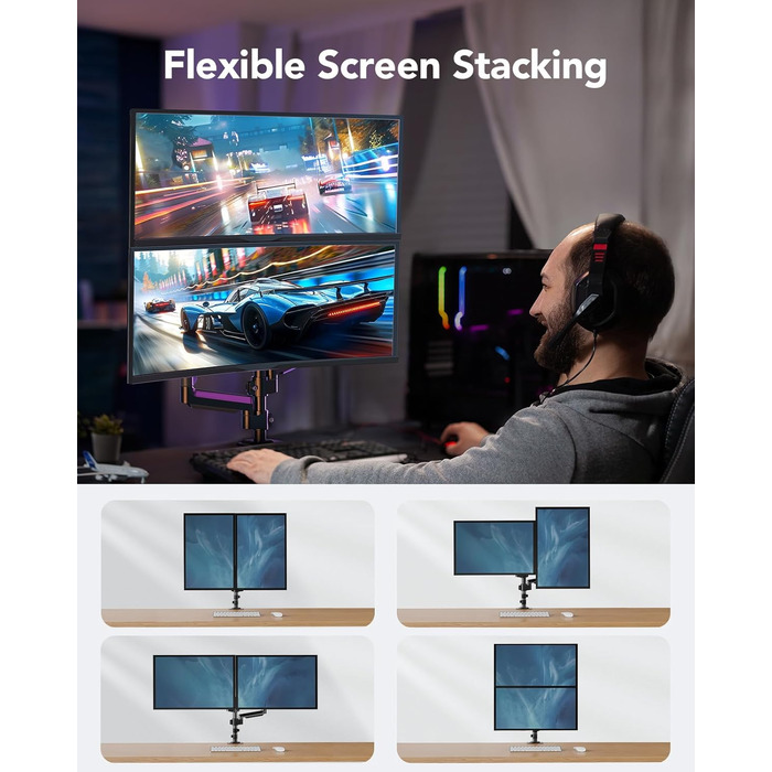 Кріплення для монітора HUANUO на 2 монітори, 13-32 дюйми, регульована висота, довгий важіль, VESA 75/100 мм, вантажопідйомність 2-9 кг, для геймінгу