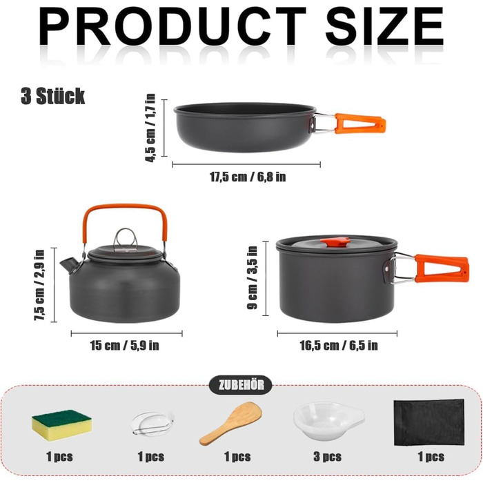 Набір кухонного посуду для кемпінгу, 10 предметів: каструля, сковорода, чайник, сумка для зберігання. Для кемпінгу, пікніків та походів