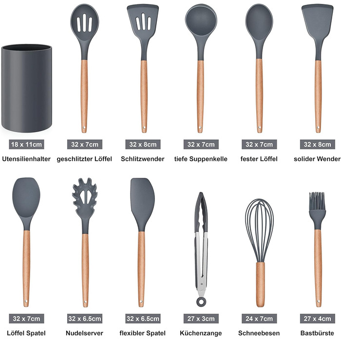 Набір кухонного приладдя Herogo, 12 шт. Силіконові кухонні помічники, кухонне кухонне приладдя з тримачем, стійке до високих температур, з дерев'яною ручкою, антипригарний лопатка – сірий