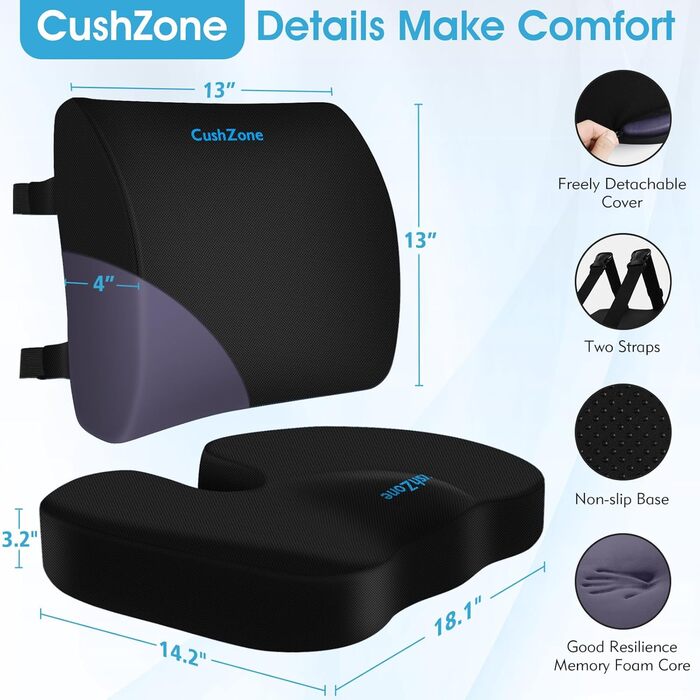 Подушка для сидіння CushZone з підтримкою попереку, чорна. Memory Foam для офісного крісла, авто, подорожей та інвалідного візка. Знімний чохол.