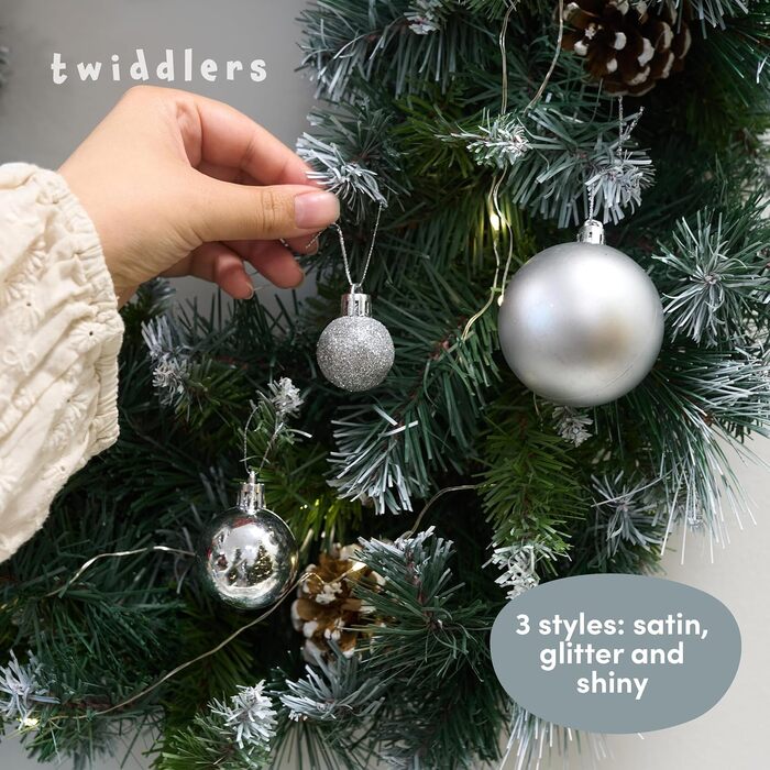 50 кульок для ялинки Twiddlers срібного кольору - різні розміри та покриття (6см, 4см, 3см) - матові, блискучі, з глітером. Декор для ялинки, 50 шт.