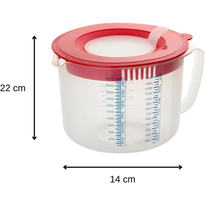 Dr. Oetker 1531 Baking Scale Ø 17 cm, analog kitchen scale (color: white) & measuring and mixing jug 2.2 L, measuring jug with different measuring scales (color: Red/Transparent), quantity: 1 piece