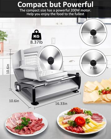 Електричний слайсер 200W з нержавіючої сталі - кухонна машина з регулюванням 0-15мм, 2 леза для м'яса, сиру, ковбаси та хліба