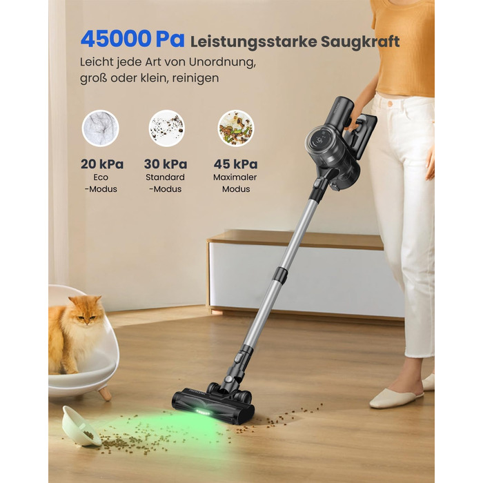 Бездротовий пилосос Proscenic P13: акумуляторний, 45KPa, 550W, 45 хв, з сенсорним екраном, зелене підсвічування, зарядний блок для стіни, анти-намотування, для килимів, твердих поверхонь, автомобіля, шерсті тварин (сірий)