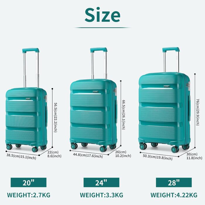 Набір валіз з твердого пластику: середній, великий, extra large, з TSA-замком, 4 колеса, поліпропілен, бірюзово-зелений