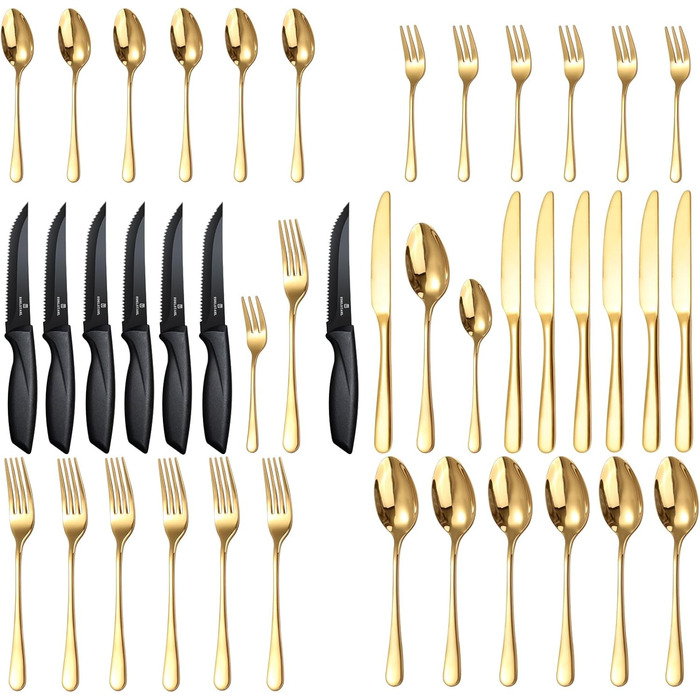 Набір столових приборів на 6 осіб, Targzier, 36 предметів, нержавіюча сталь, з ножем для стейку, високоякісний столовий прибор, ложки, виделки, ножі для сім'ї/вечірки/готелю, чорний, придатний для миття в посудомийній машині, 36 предметів, золотий прибор 