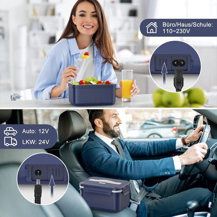 Електрична ланчбокс 100W для дорослих, 3-в-1, 12/24/220V з термоізоляцією, Besteck та ізольованою сумкою, 1.8L, для авто, офісу, синій