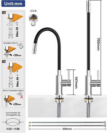 Чорний кухонний змішувач з гнучким виливом, 360° обертання, 2 режими струменя, нержавіюча сталь
