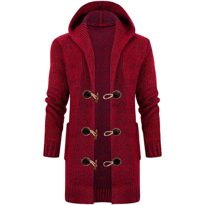 Чоловіча в'язана кардиган-світшот з капюшоном та ґудзиками. Теплий чоловічий світшот з грубого в'язання для осені та зими (червоний, 3XL)