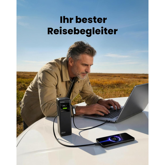 Потужний павербанк SHARGE HyperTower 170W 25000mAh з TFT-дисплеєм, 4 портами (3x USB-C, 1x USB-A) та вбудованими кабелями для MacBook Pro та ноутбуків, чорний