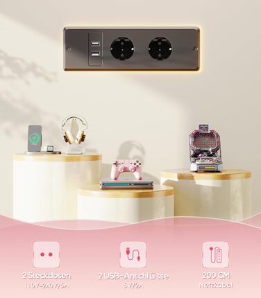 Офісний стіл для геймінгу OffiGo, 140 см, регульована висота, RGB LED, розетки, 3 полиці, тримач для напоїв та навушників, поверхня з карбону, білий