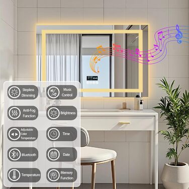 Дзеркало для ванної кімнати LUVODI з підсвічуванням Bluetooth: 100x70 см, годинник, температура, дата, антизапар, регулювання яскравості, 3 кольори світла, функція пам'яті, водонепроникне LED дзеркало для ванної кімнати