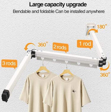 Висувна сушарка для одягу, 3-секційна, настінна штанга для одягу 126 см, економна, складана сушарка з гачками, для балкону, прання, ванної кімнати, білий, молочно-білий