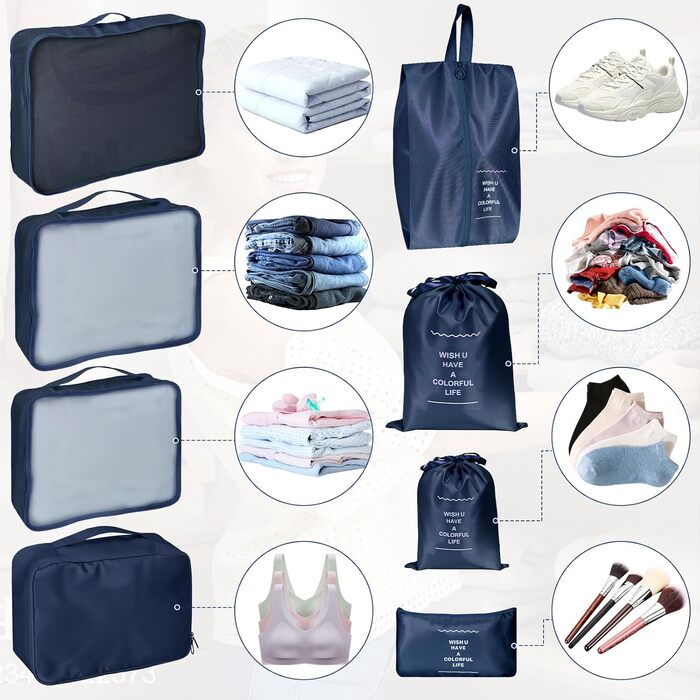 Органайзер для валізи Zorplex, набір 10 шт. (Pack Cube Set), аксесуари для подорожей, сумки для одягу, взуття та косметики (Темно-синій)