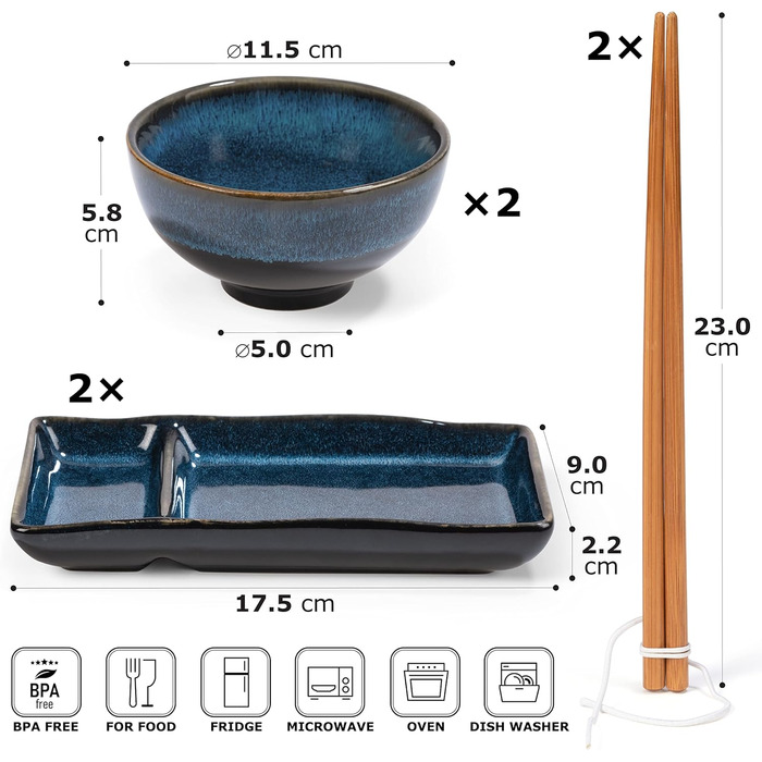 Набір для суші Urban Lifestyle на 2 особи: посуд з кераміки з реактивною глазур'ю, 2 тарілки, 2 мисочки для рису та супу, 2 палички, Marineblau MISAKI блакитний