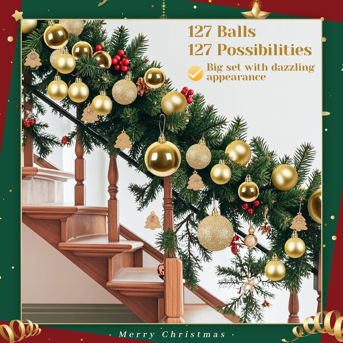 Набір прикрас для ялинки 141 шт., кульки для ялинки з пластику, матові, глянцеві, з блискітками, з вирізаним візерунком, ялинковий декор для дому та вулиці (золотий)