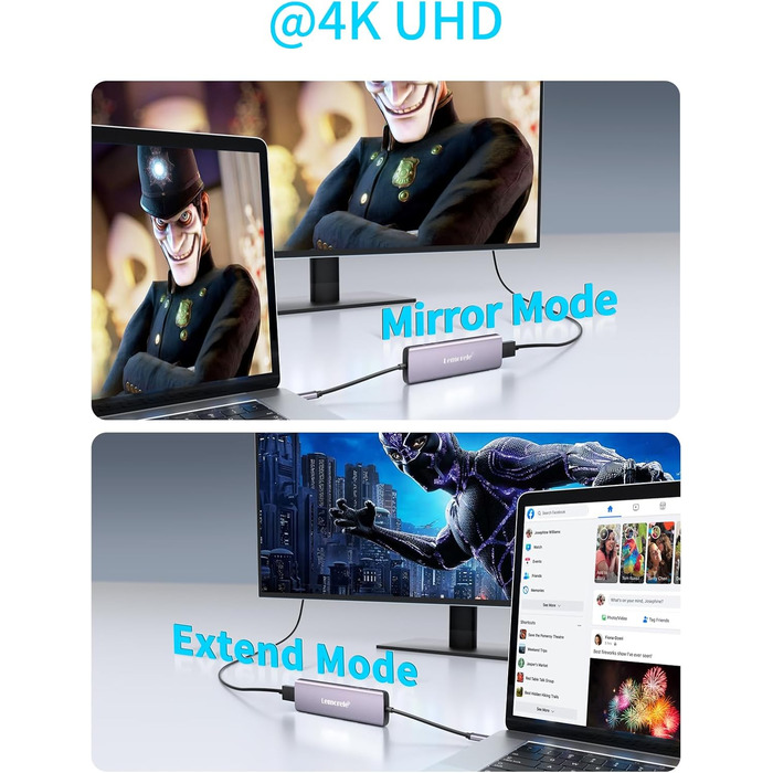 Док-станція Lemorele Upgrade 2025: USB-C/A, 10Gbps, 3 монітори, 14 в 1, HDMI 4K, Ethernet, USB 3.2/2.0, VGA, Type-C 3.1, PD 100W, Audio, SD/TF, для Windows, MacBook (фіолетовий)