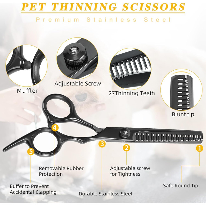 Професійні ножиці для грумінгу собак та котів: титанові, з округлими кінчиками, для грумінгу, з гребінцем (чорні)