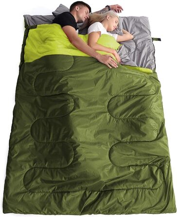 Спальний мішок Oaskys для двох дорослих з подушками – Queen Size XL, водовідштовхуючий, для всіх сезонів, кемпінг, подорожі, 59x86.6 дюймів, оливковий
