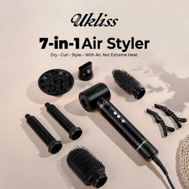 Фен-щітка UKLISS Airstyler 7-in-1 Pro: 7 функцій для створення зачісок, з насадкою-дифузором, автоматична локонова насадка, подарунковий набір для жінок (чорний)