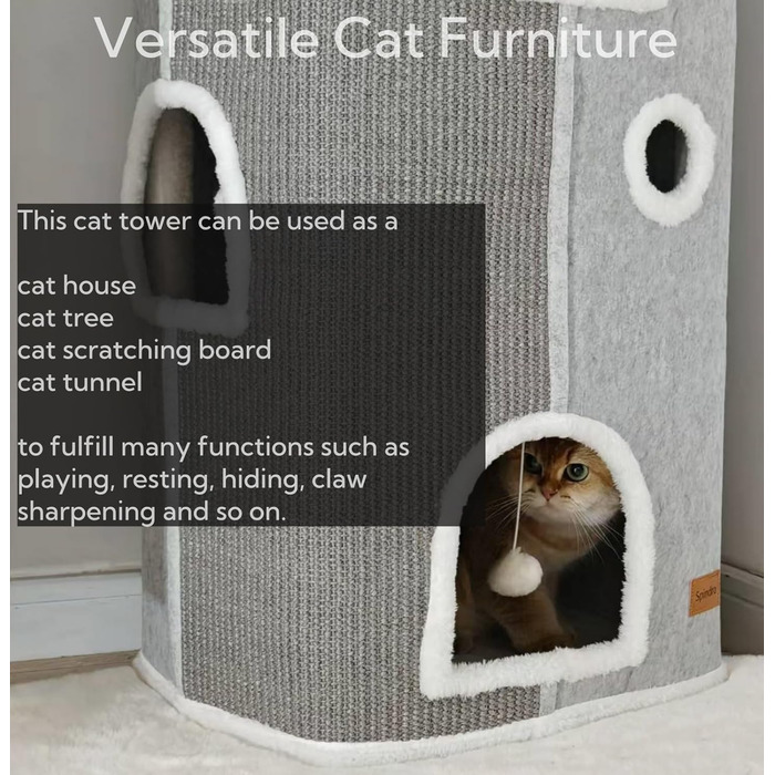 Кігтеточка-будиночок для котів велика, сіра, 42x42x33 см з подушкою та іграшкою