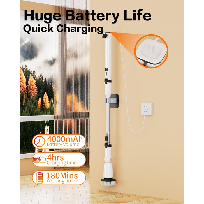 iDiskk Electric Spin Scrubber, Upgraded IPX7 Bathroom Scrubber, Shower Cleaning Brush with Adjustable and Detachable Handle, Dual Speed, Electric Cleaning