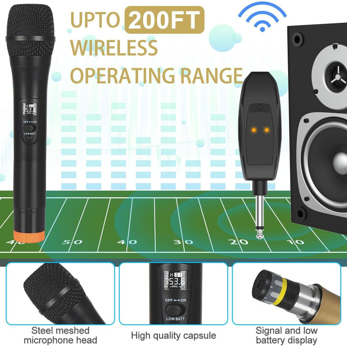 ALPOWL Бездротовий мікрофон UHF з динамічною системою, 2 шт., для караоке, співу, промов, весіль, свят. Чорний