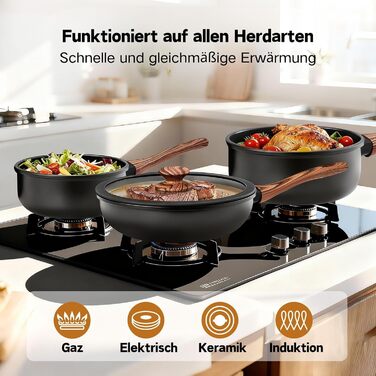 Набір каструль LEADZM з керамічним покриттям (22 частини) - сумісний з усіма плитами, без PFOA/PFOS, бежевий + чорний та натуральний кольори