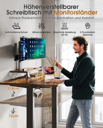 Adjustable Height Standing Desk with Monitor Stand - Electric Ergonomic Desk, 120x60cm & 180x80cm White/Vintage Brown
