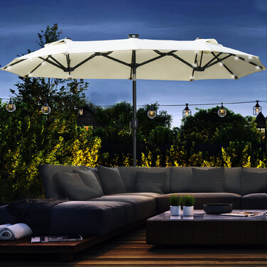 Outsunny Double Canopy Patio & Pool Umbrella 116 x 86 inches with LED Lights, Adjustable Tilt, Polyester & Steel, Beige