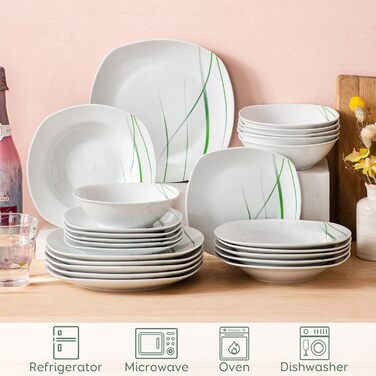 VEWEET Сервіз столовий 'Aviva' з порцеляни, 60 предметів | Комплектний сервіз для 4-12 осіб (24 предм.) | Тарілки, супові тарілки, десертні тарілки, чашки та блюця