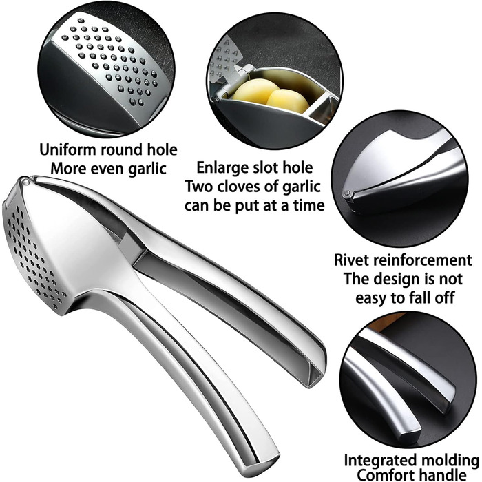 Прес для часнику з нержавіючої сталі, подрібнювач часнику та імбиру, преміум якість, легко миється, для кухні