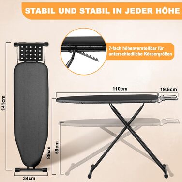 Відкидна гладильна дошка VIOFOTT, регульована висота 65-95 см, 120x34 см, сумісна з парогенераторами