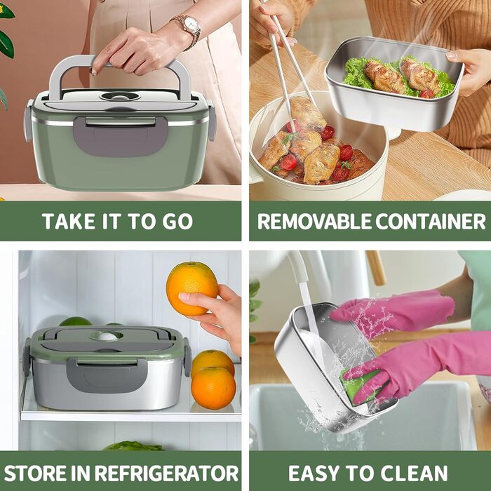 Electric Lunch Box 100W, 3-in-1 Portable Heated Lunch Box, Removable Stainless Steel Lunch Container, 12V/24V/220V Insulated Food Warmer for Car/Truck/Office, With Insulated Bag and Sponge (Green, 1.5 L)