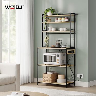 Кухонна полиця WOLTU з 6 ярусами, з розетками, мікрохвильова полиця з 6 гачками, полиця для пекаря з металевим каркасом, регульовані полиці, Чорний+Рустикальне коричневе, 60 x 167 x 40 см (Чорний+світлий дуб, 80 x 39,5 x 167 см)