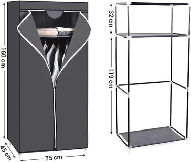 SONGMICS Fabric Clothes Closet, Foldable, with Clothes Rod, Simple Clothes Rack, Toy, Shoe, Bag Organizer, Living Room, Bedroom, Wardrobe, 75 x 45 x 160 cm, Grey